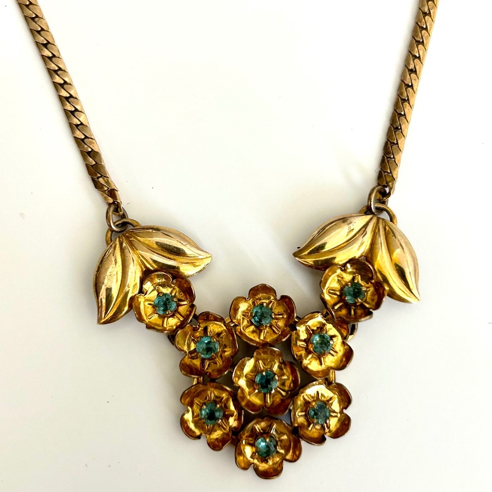 Vintage Gold Filled Floral Necklace — Turquoise Crystal Accents — Signed